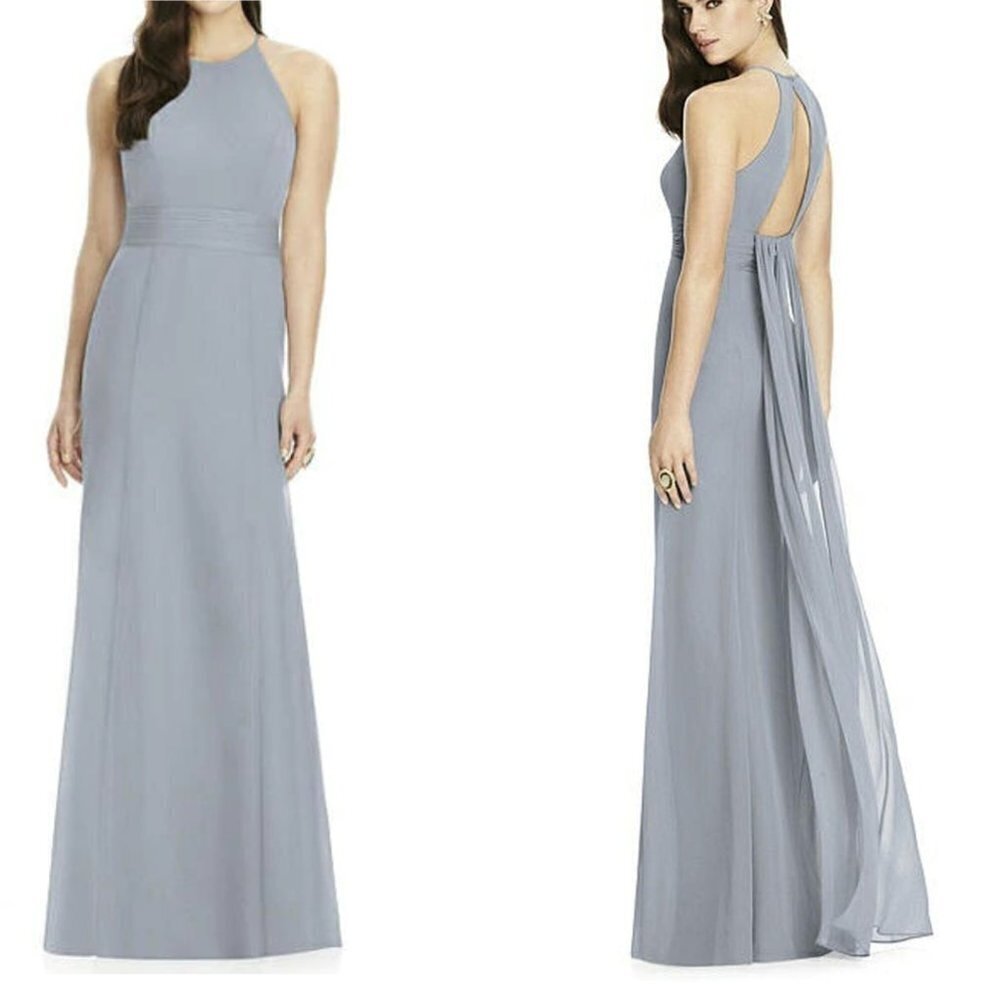 Vivian Diamond dessy collection open back draped front dress in platinum sz10